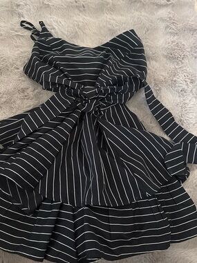 Black and White Striped Tie-Front Romper